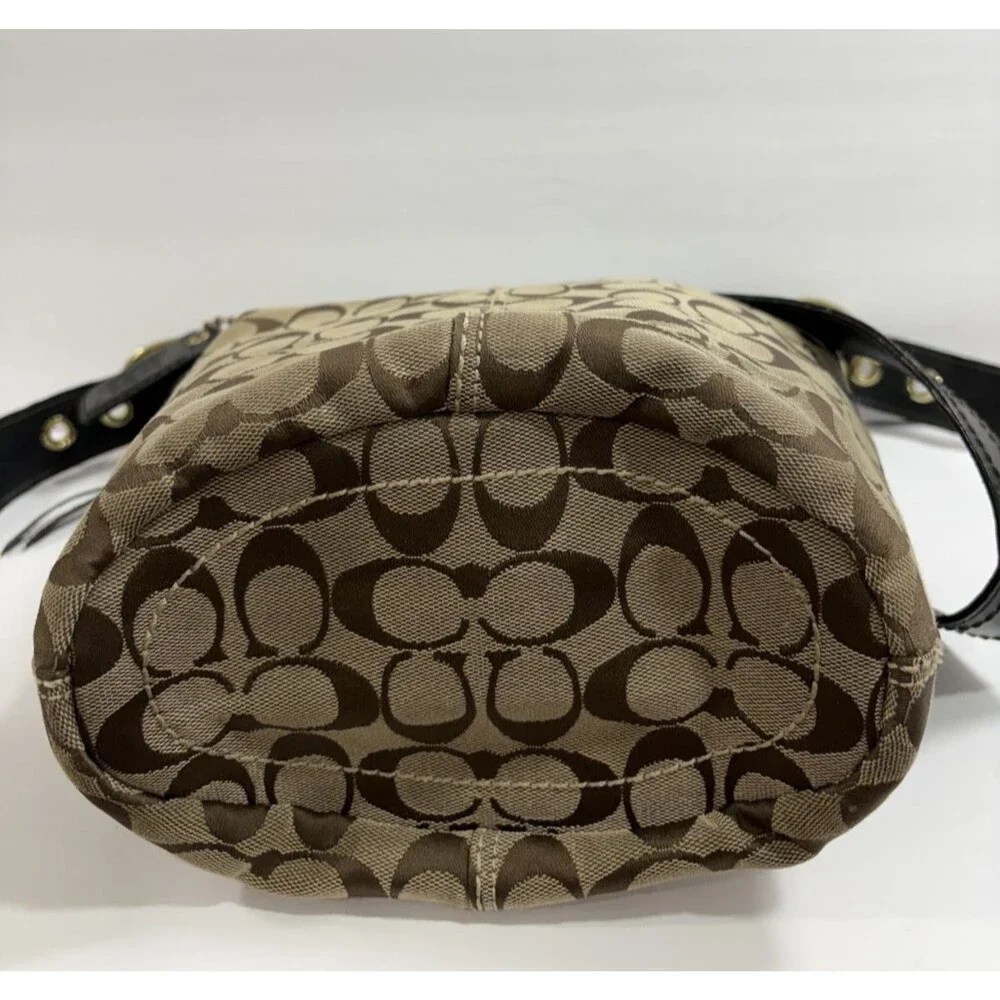 Vintage Coach Black Leather / Khaki Signature Shoulder Bucket Bag Crossbody_12